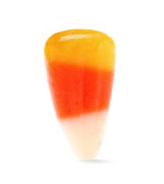 Photo of Colorful candy corn for Halloween party on white background