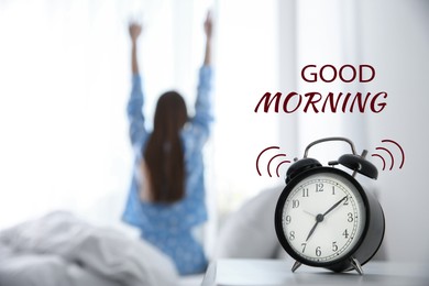 Image of Good Morning! Young woman stretching at home, focus on alarm clock