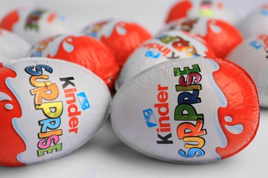 Sveti Vlas, Bulgaria - June 26, 2023: Kinder Surprise Eggs on white background, closeup