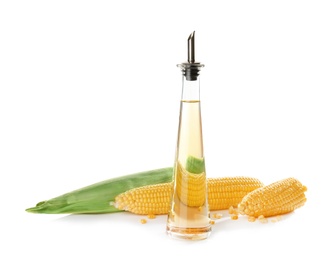 Photo of Bottle of corn oil and fresh cobs on white background