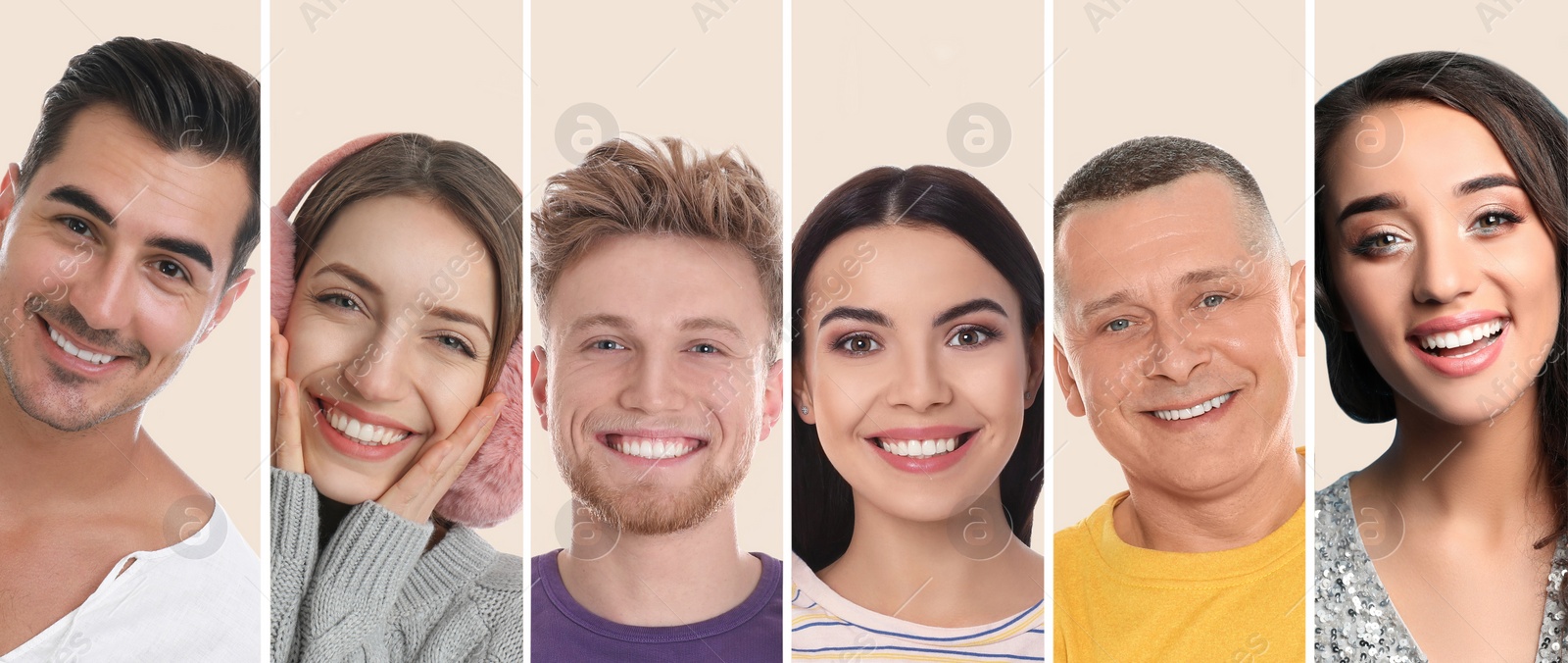 Image of Collage with photos of happy smiling people on beige background. Banner design