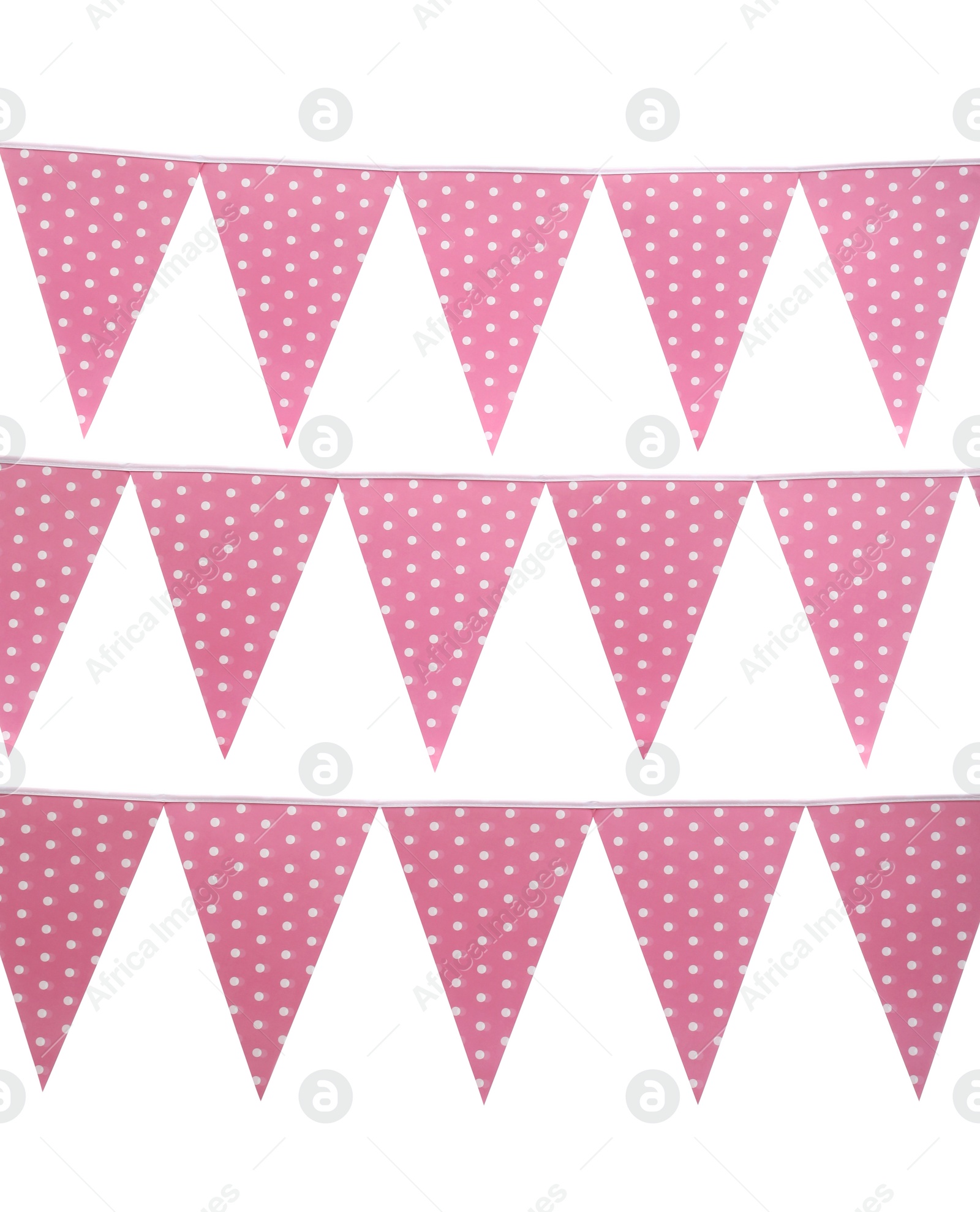 Photo of Rows of triangular bunting flags on white background. Festive decor