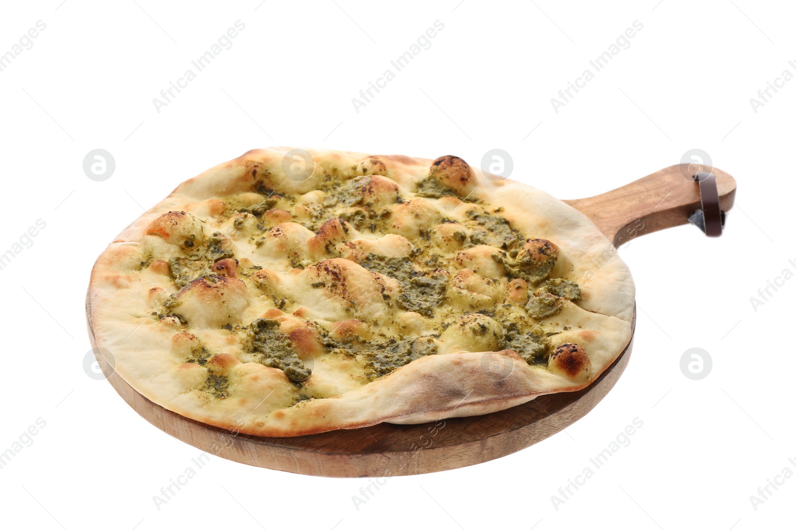 Photo of Traditional Italian focaccia bread with guacamole isolated on white