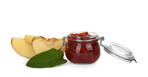 Photo of Delicious quince jam and fruits isolated on white
