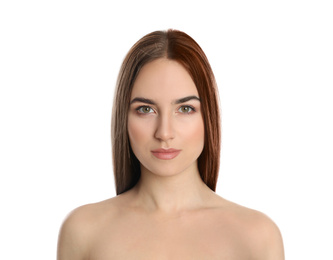 Image of Beautiful woman before and after hair coloring on white background 