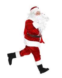 Photo of Authentic Santa Claus with bag full of gifts on white background