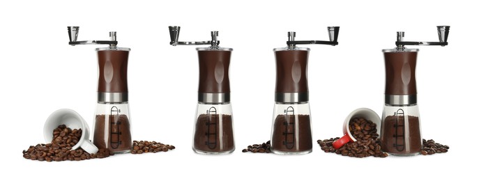 Image of Set with manual coffee grinders on white background. Banner design