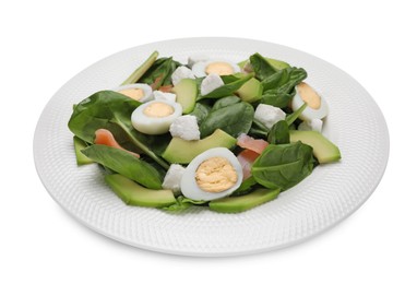 Photo of Delicious salad with boiled eggs, feta cheese and salmon isolated on white
