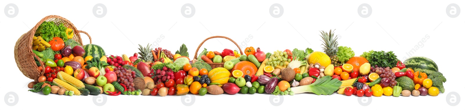 Image of Collection of fresh organic vegetables and fruits on white background. Banner design 