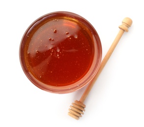 Photo of Jar with delicious honey and dipper on white background, top view