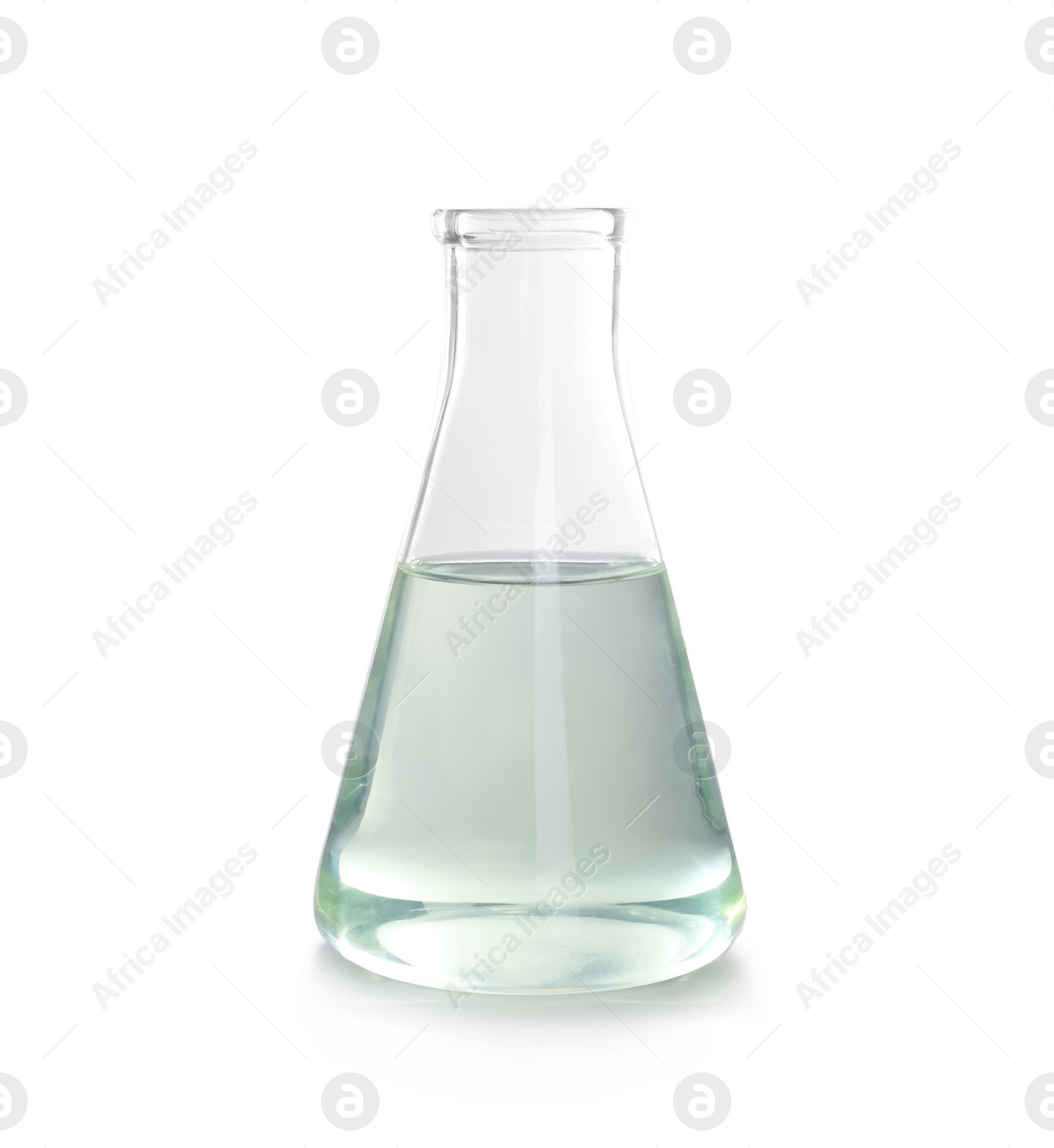 Photo of Conical flask with liquid on white background. Laboratory analysis