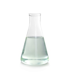 Photo of Conical flask with liquid on white background. Laboratory analysis