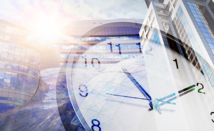 Image of Time related concepts. Double exposure of clock and office buildings