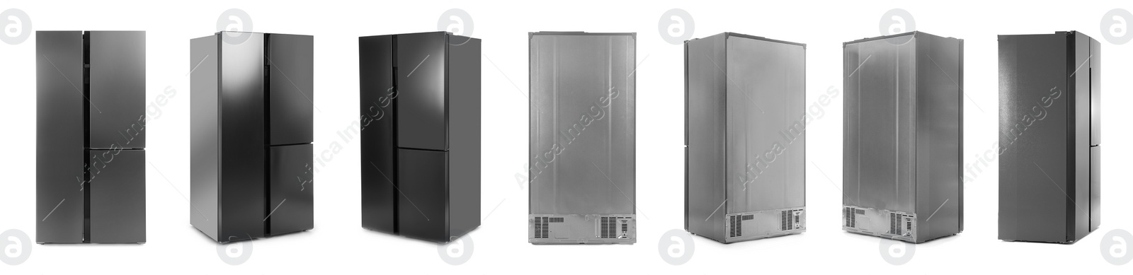 Image of Collage of modern refrigerators on white background