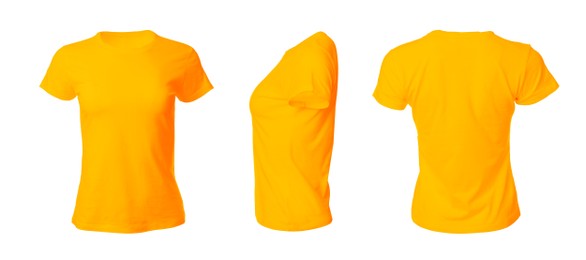 Stylish orange t-shirts on white background, collage. Space for design