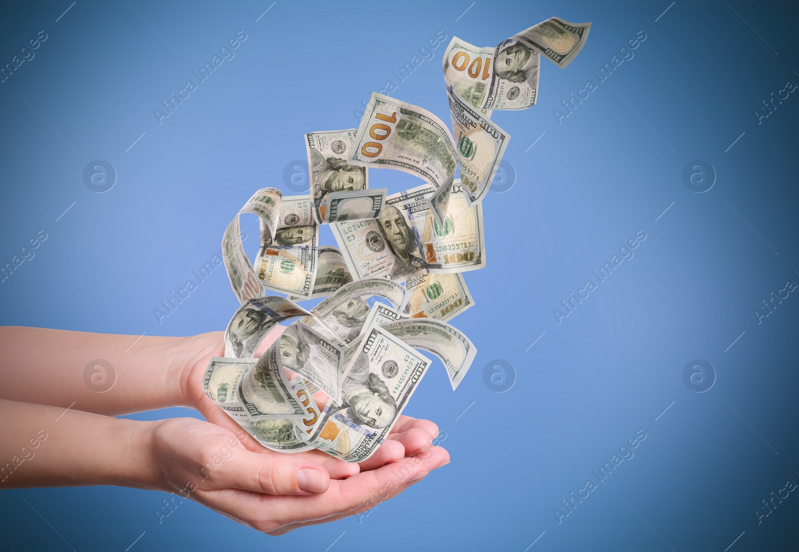 Image of Woman with money on light blue background, closeup. Currency exchange