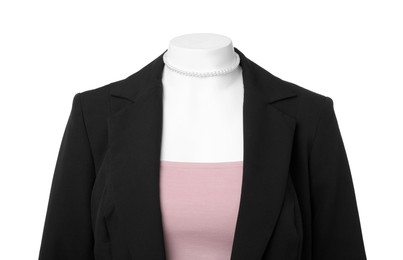 Photo of Female mannequin dressed in black jacket and crop top with necklace isolated on white. Stylish outfit