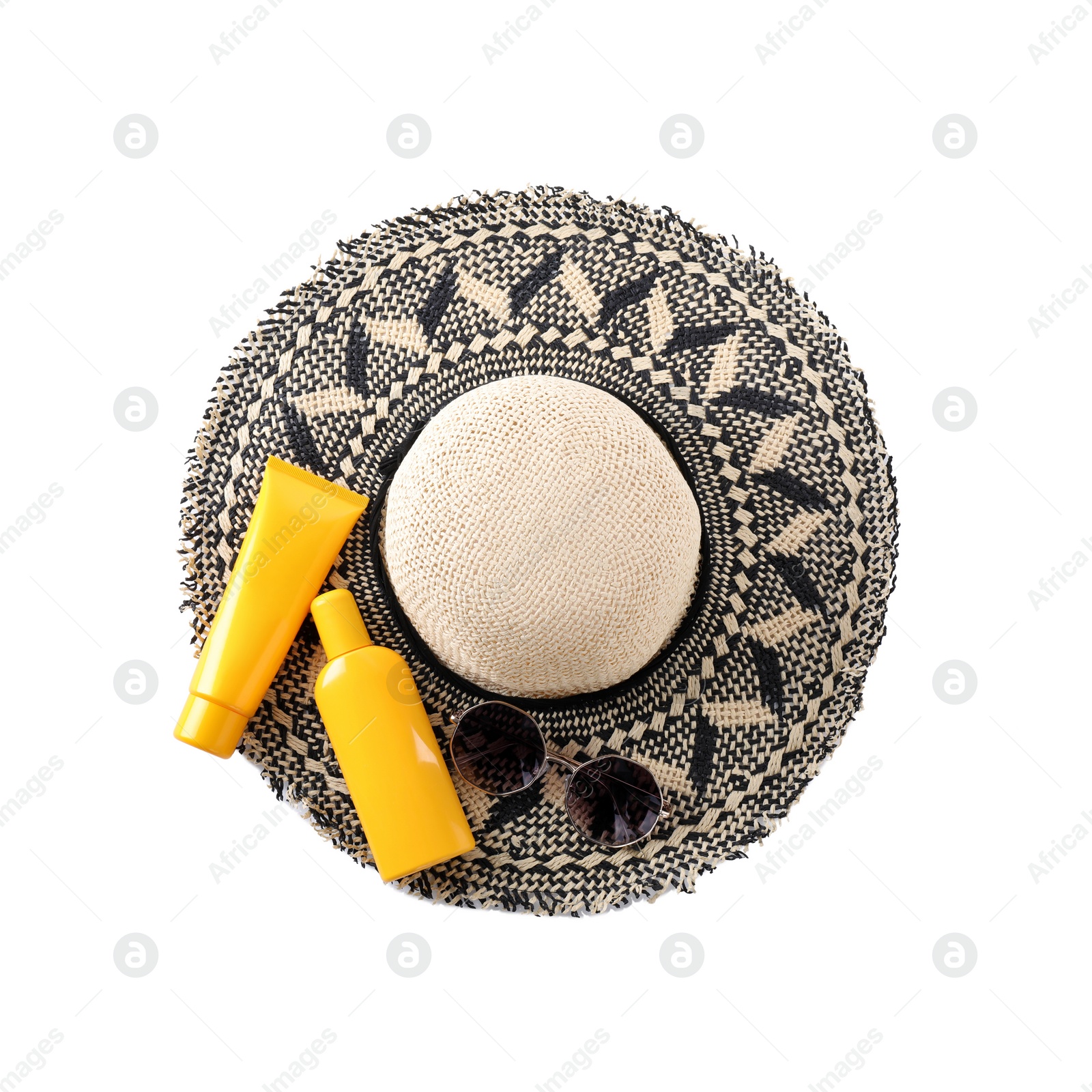 Photo of Sun protection products, sunglasses and hat on white background, top view. Beach objects