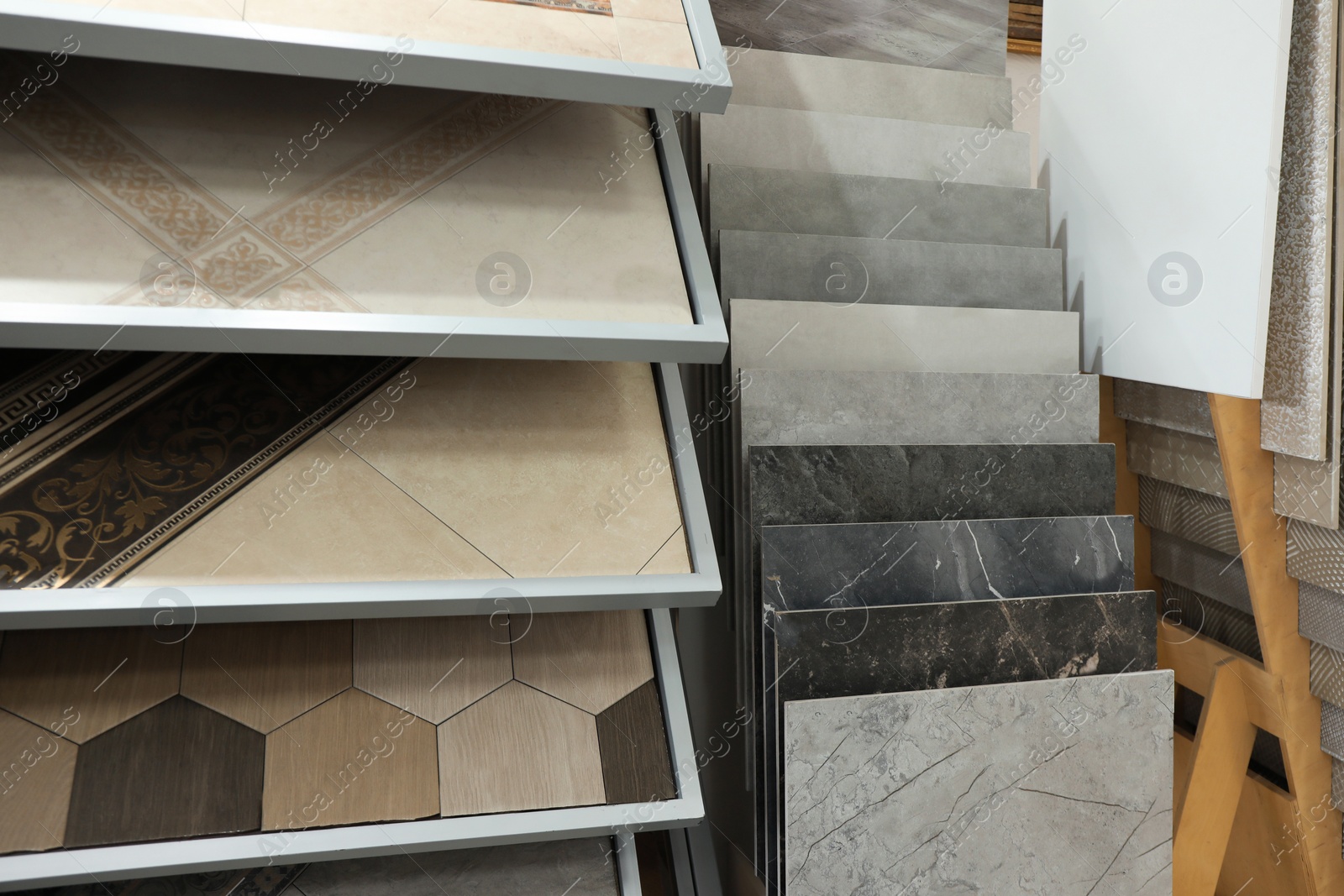 Photo of Many samples of tiles on display in store