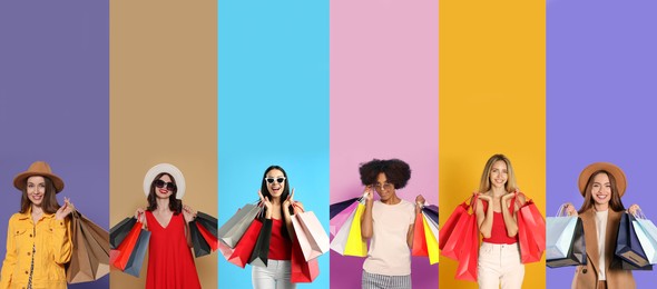 Happy women with shopping bags on different color backgrounds, collage design