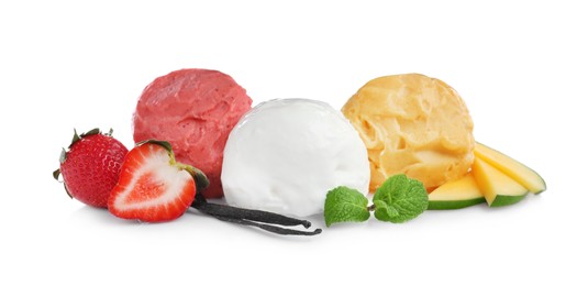 Photo of Scoops of different ice creams, fresh fruits and vanilla on white background