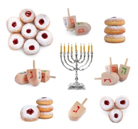 Image of Set with wooden dreidels, doughnuts and silver menorah on white background. Hanukkah celebration