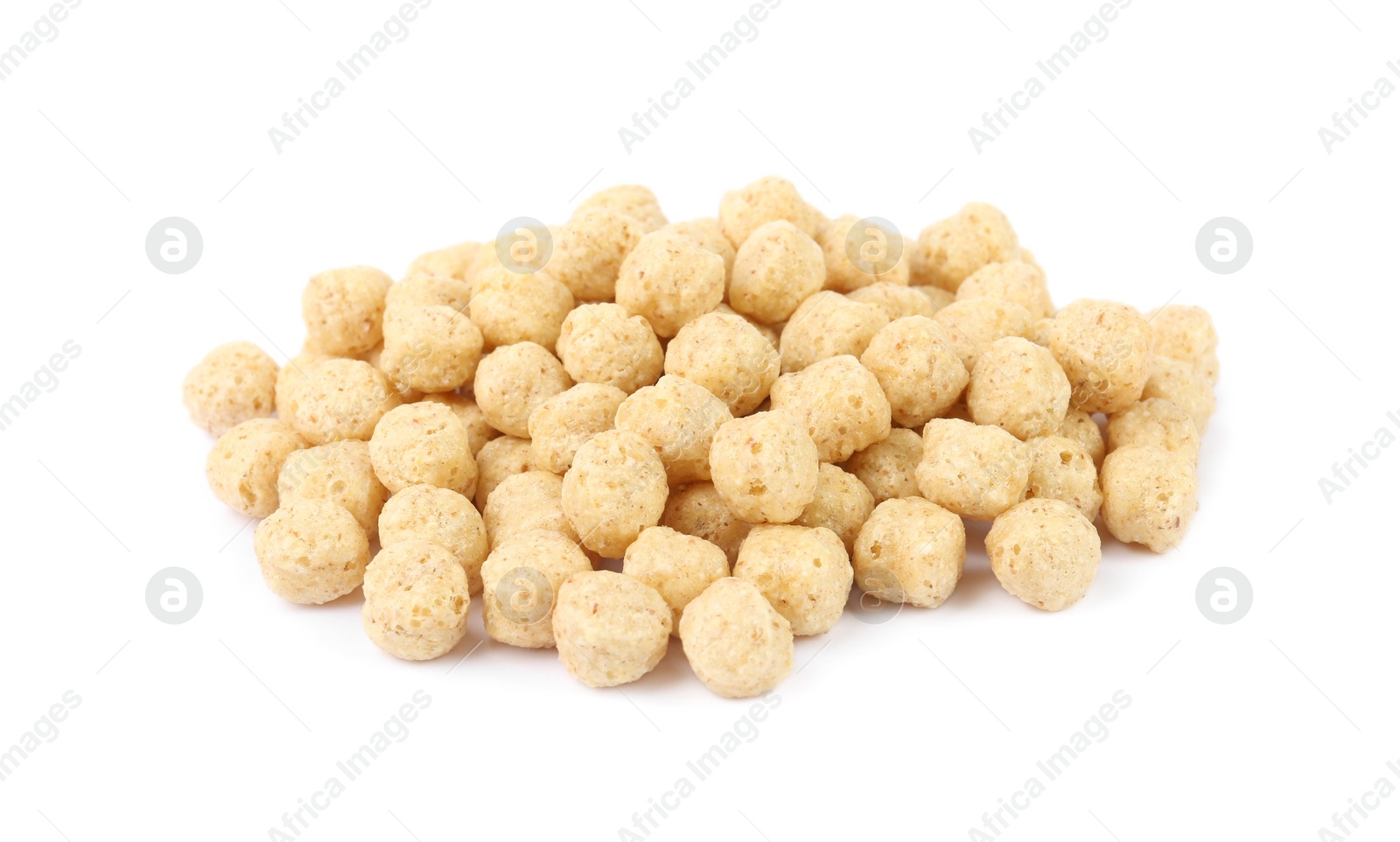 Photo of Pile of tasty corn balls on white background. Healthy breakfast cereal