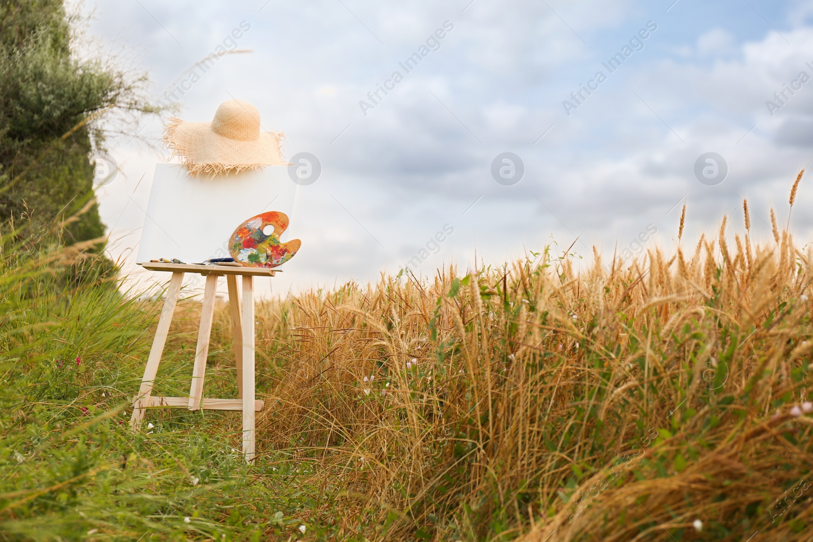 Photo of Wooden easel with blank canvas, painting equipment and hat in field. Space for text