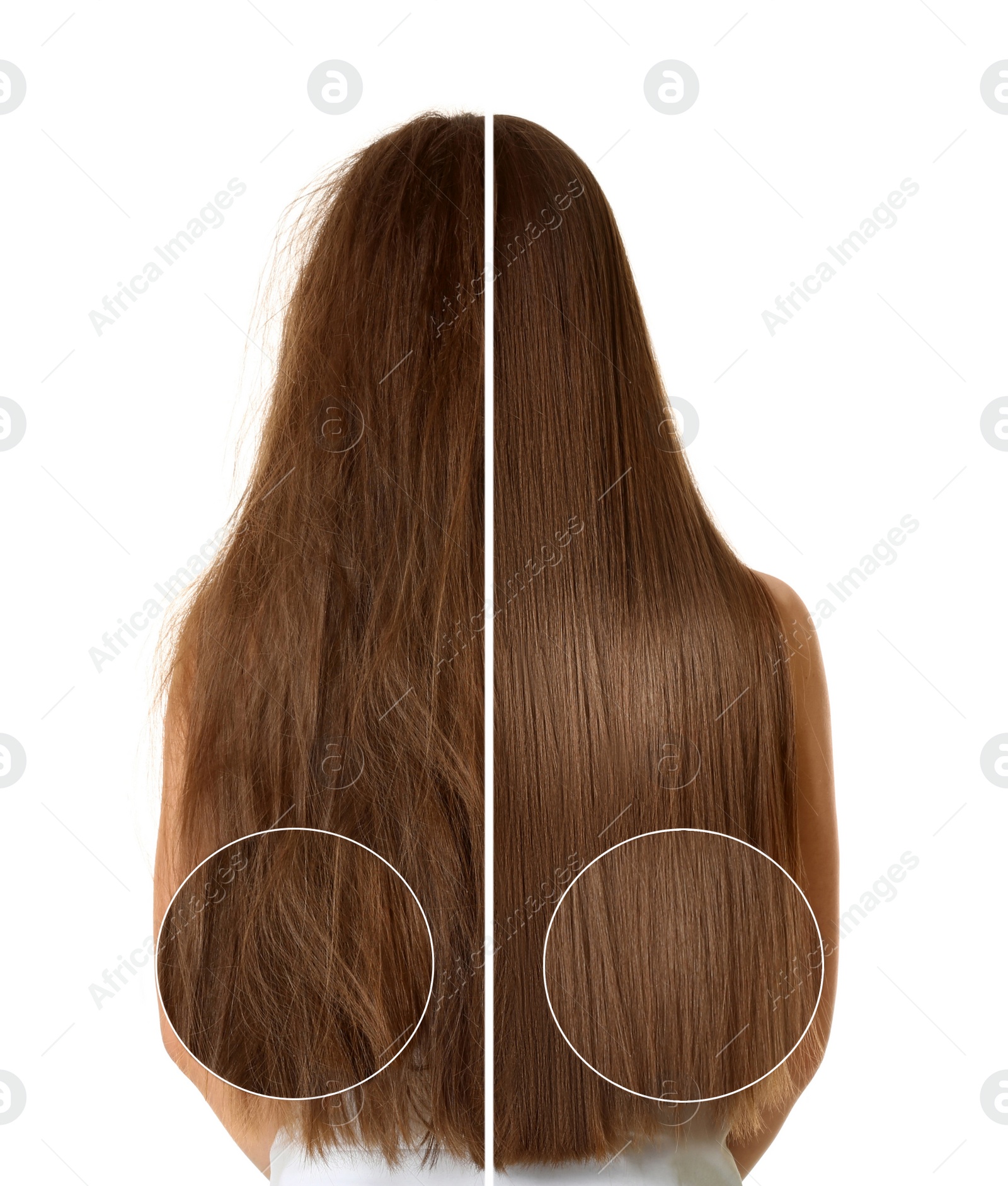 Image of Woman before and after washing hair with moisturizing shampoo on white background, collage