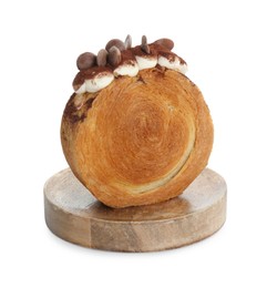 Photo of Round croissant with chocolate chips and cream isolated on white. Tasty puff pastry