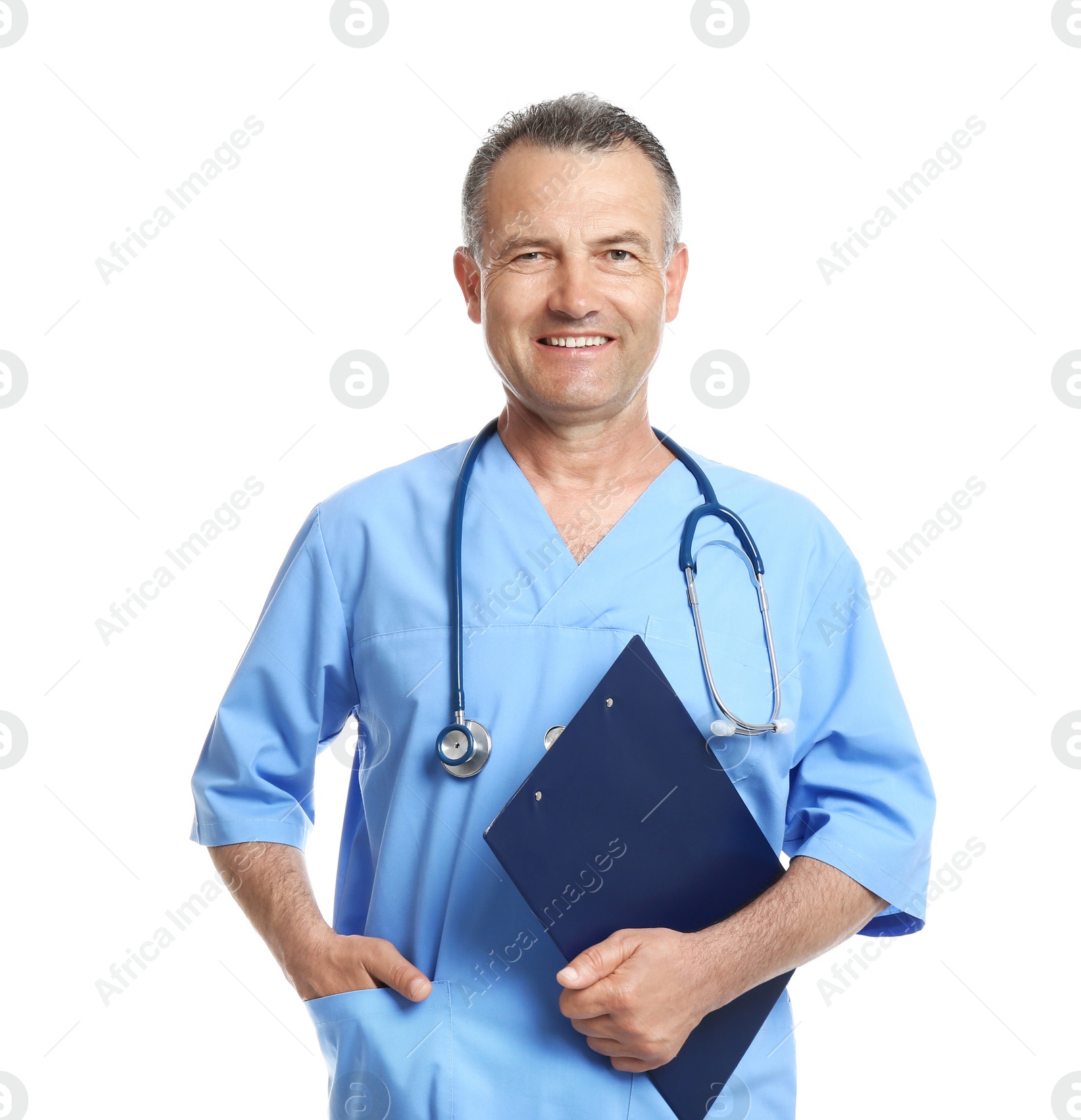 Photo of Portrait of experienced doctor in uniform on white background. Medical service