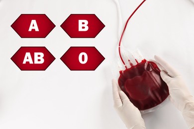 Image of Icons representing different blood types and doctor with blood for transfusion on light grey background, top view