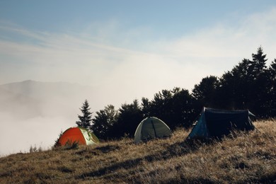 Photo of Camping tents on grassy hill near forest in morning