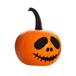 Photo of Halloween pumpkin with drawn scary face isolated on white