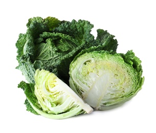 Photo of Fresh green savoy cabbages on white background