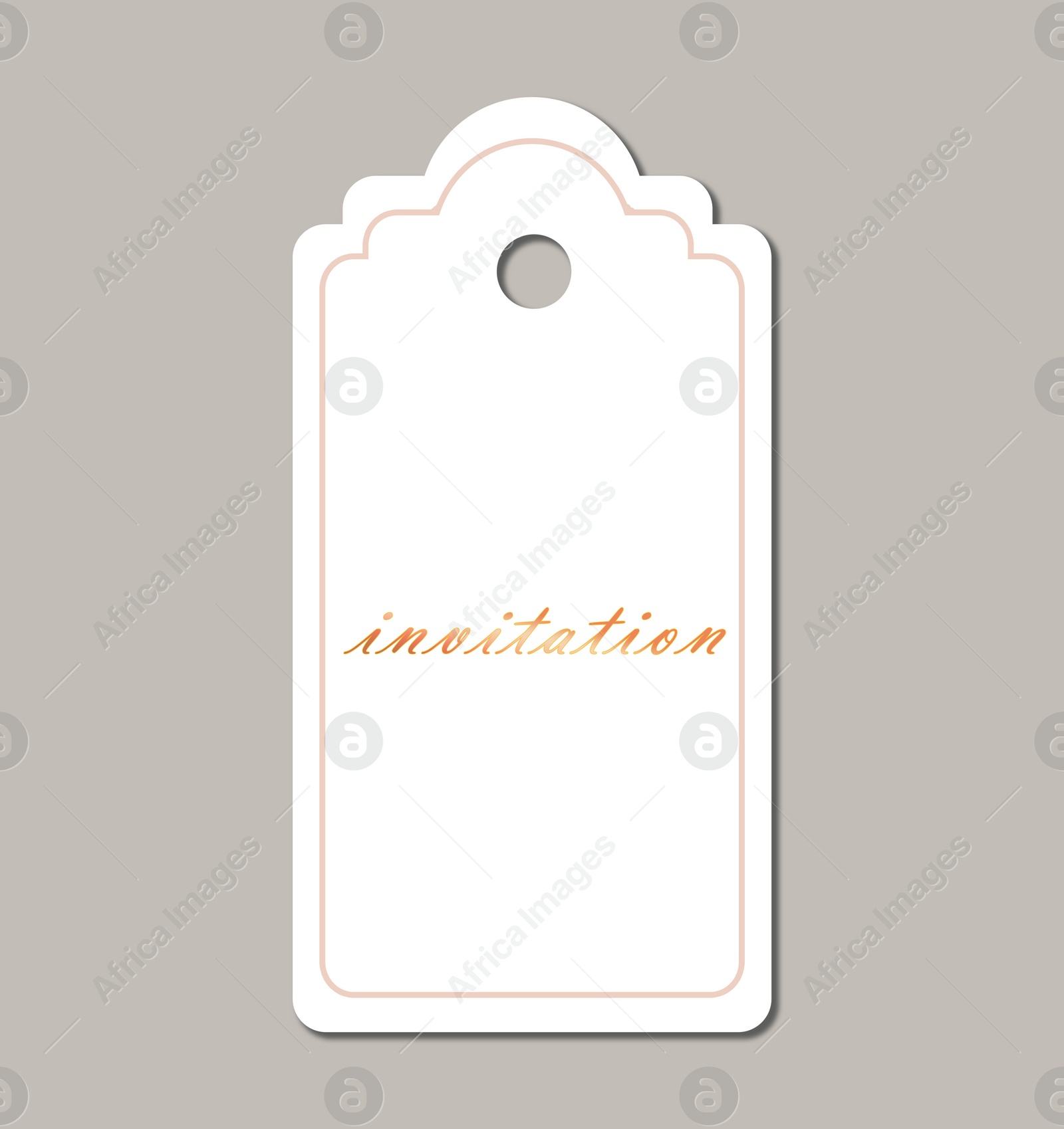 Illustration of Wedding invitation tag on grey background, top view