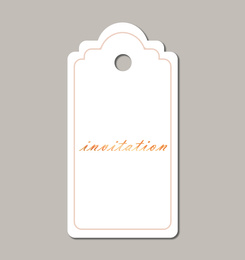 Wedding invitation tag on grey background, top view