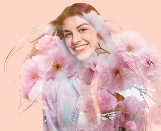 Double exposure of beautiful woman and blooming flowers on beige background