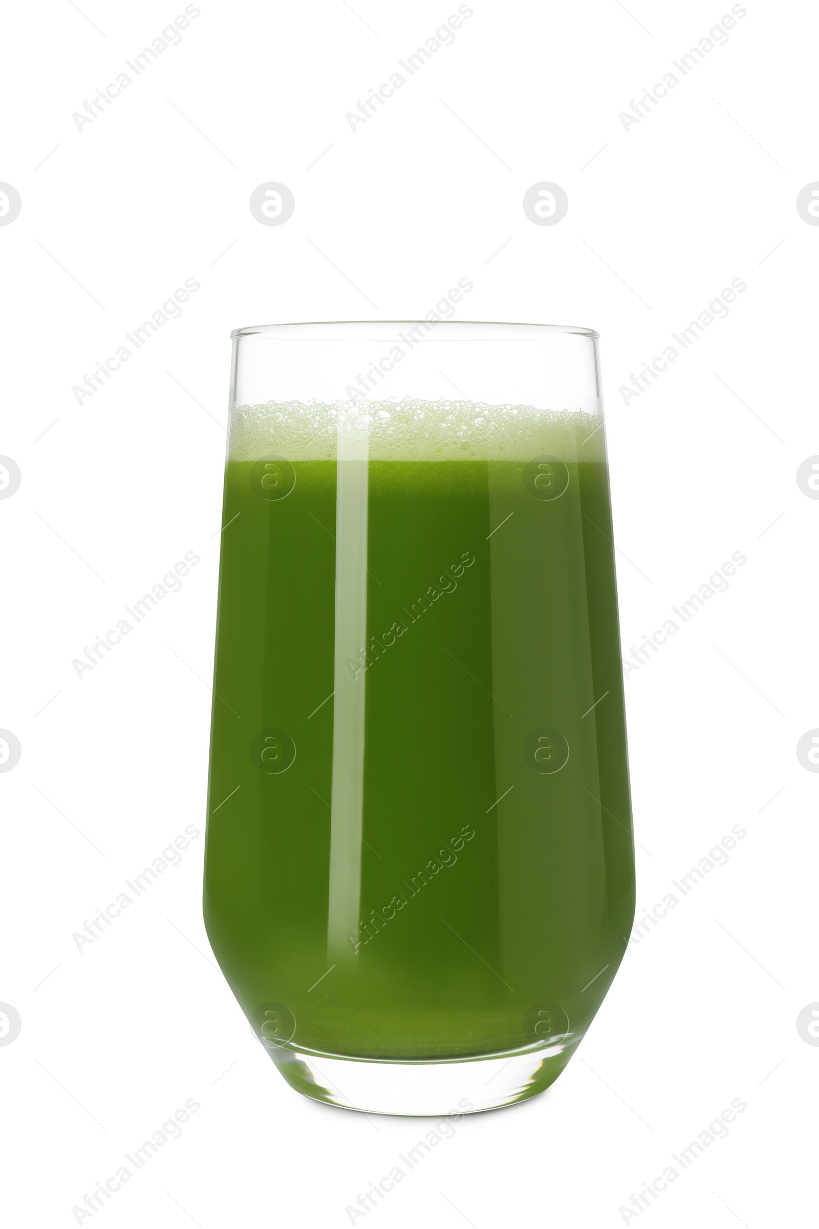 Photo of Glass of fresh celery juice on white background