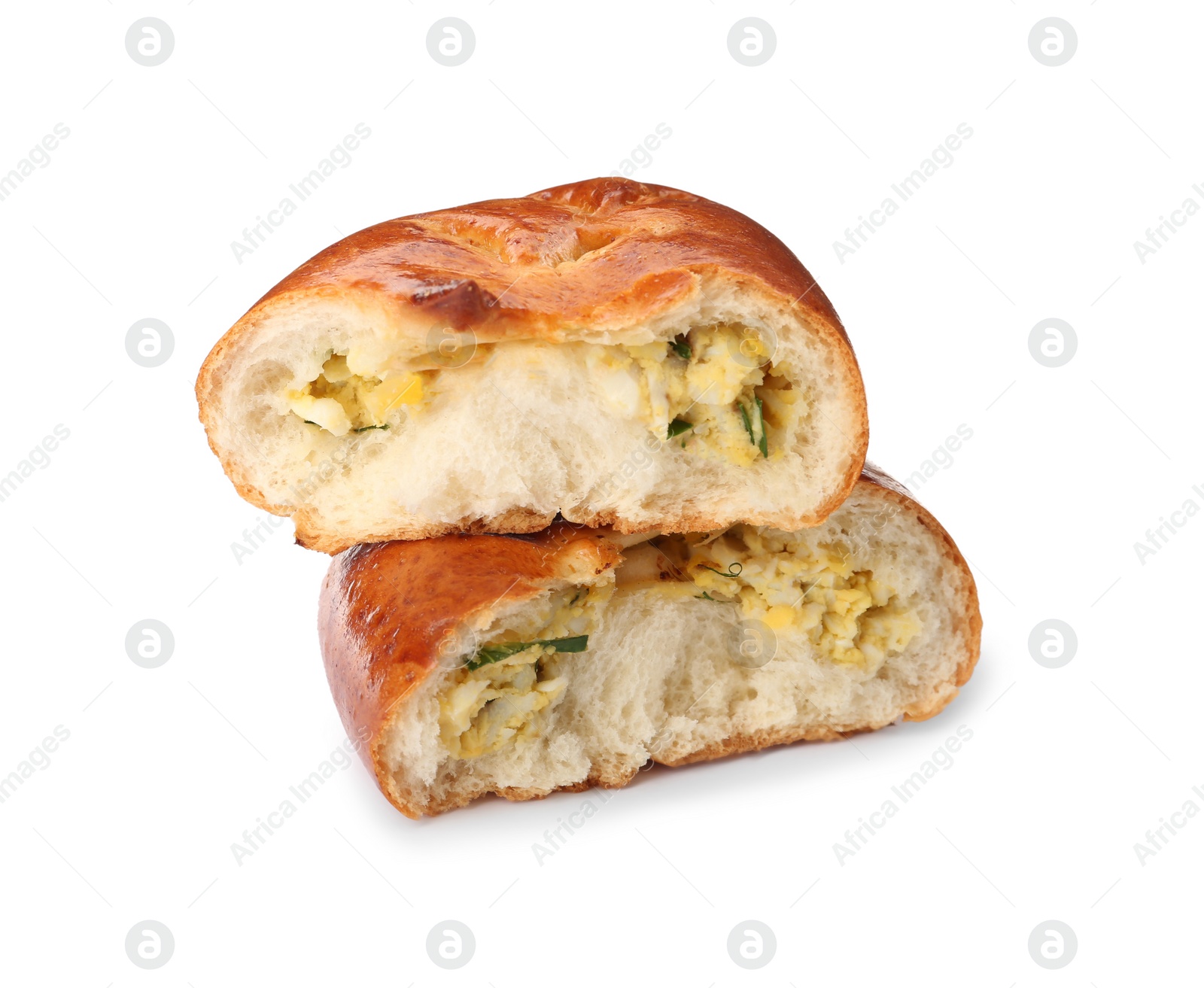 Photo of Delicious baked patty with egg on white background