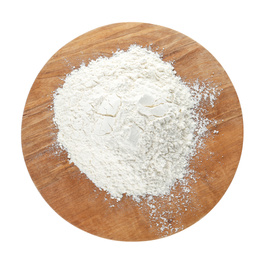Photo of Pile of flour isolated on white, top view