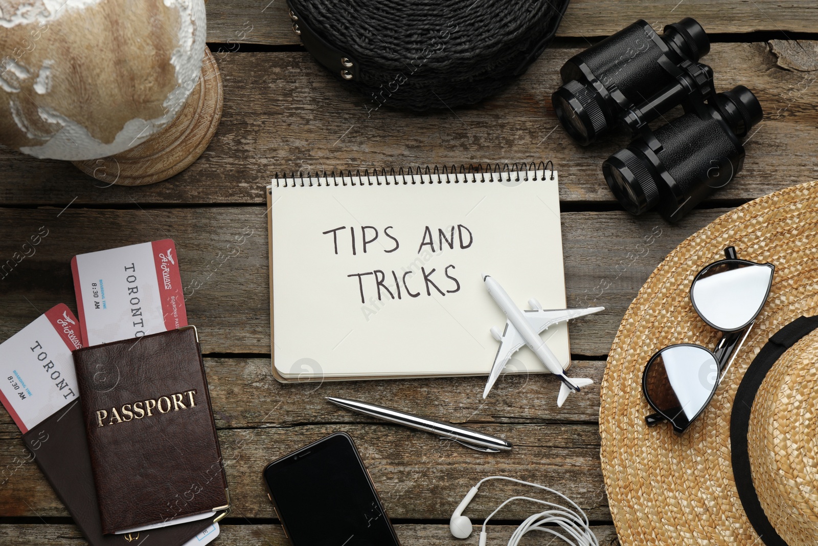 Photo of Flat lay composition with notebook on wooden table. Tips and Tricks