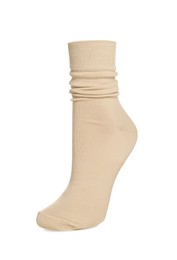 Photo of One new beige sock on white background