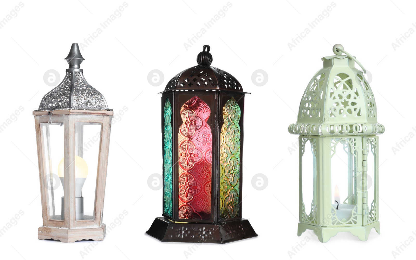 Image of Set with different traditional Arabic lanterns on white background 