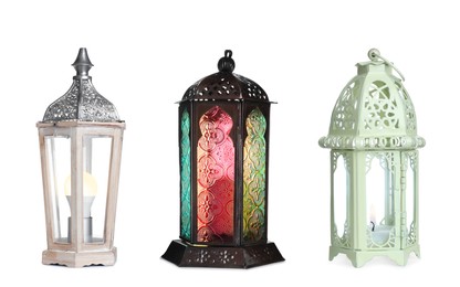 Image of Set with different traditional Arabic lanterns on white background 