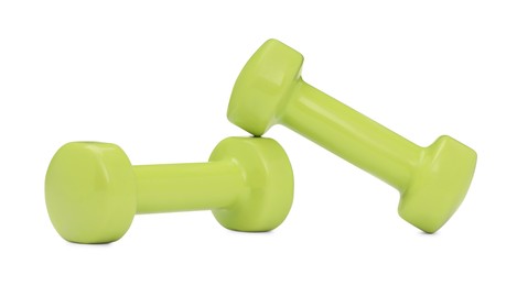 Light green dumbbells isolated on white. Sports equipment