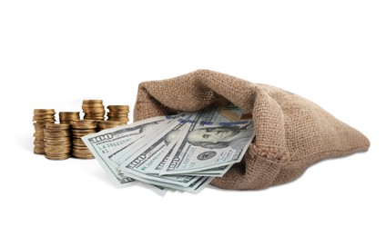 Stacked coins and sack full of money on white background