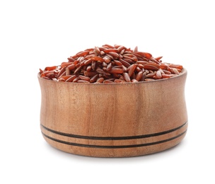 Photo of Wooden bowl with brown rice on white background