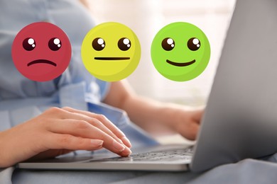 Woman using laptop to give feedback at home, closeup