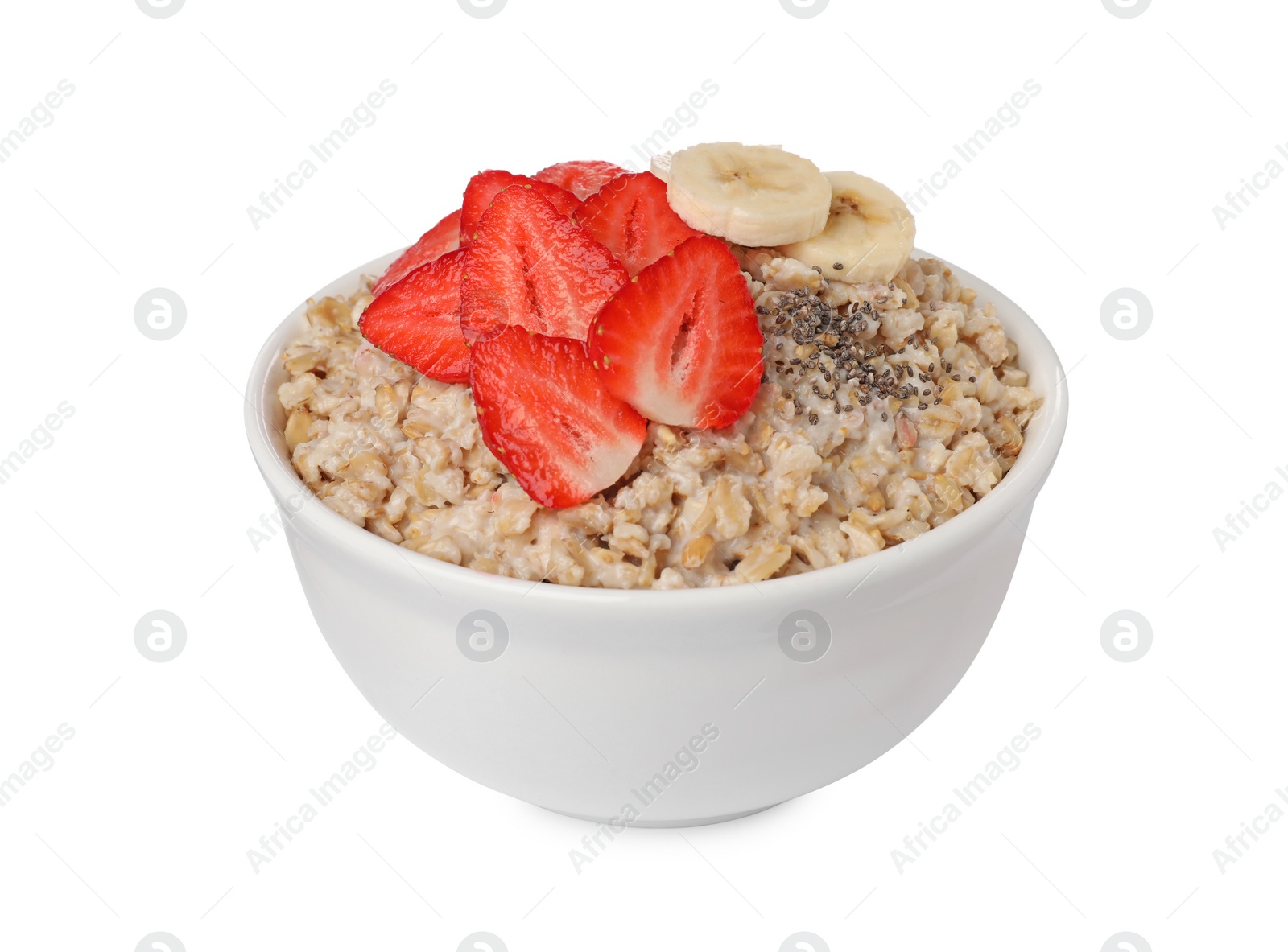 Photo of Tasty boiled oatmeal with strawberries, banana and chia seeds in bowl isolated on white